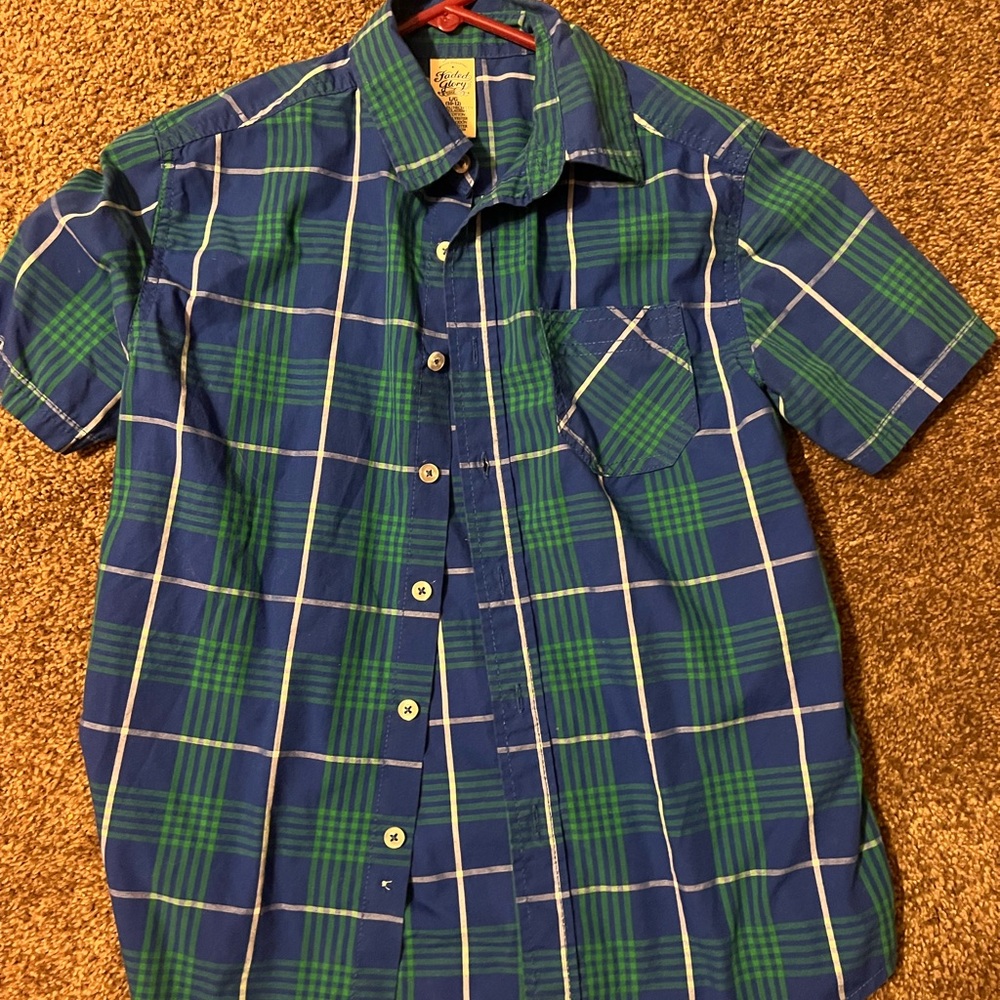 Faded Glory Plaid Button Down Shirt Blue Green